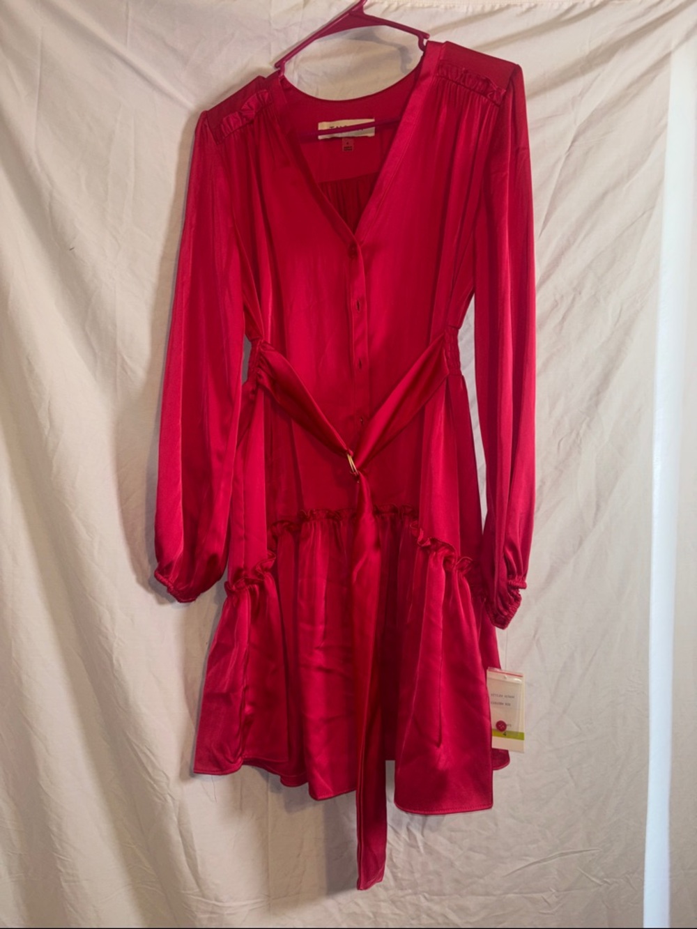 Taylor Vibrant Pink Long-Sleeve Satin Dress with Waist Tie